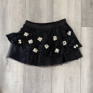 Justice | Black Lace Mini Skirt with White Floral Appliqués